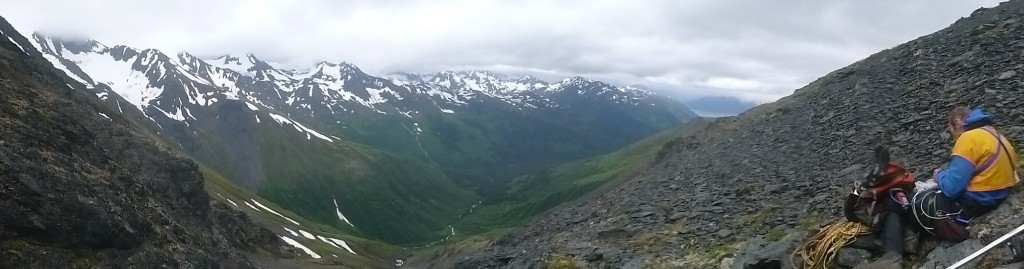The view with Sloshy half way down the sketchy traverse off Eagle Glacier.